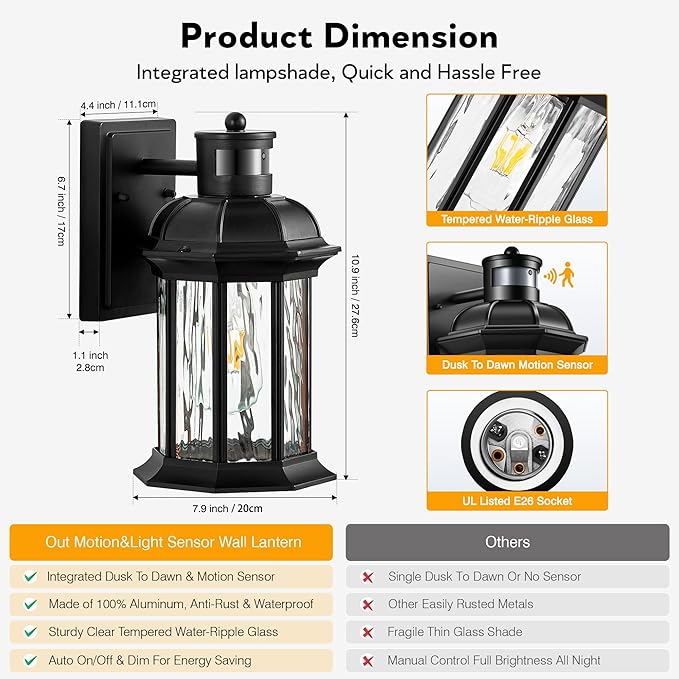 VIANIS Motion Sensor Outdoor Wall Lights, 2-Pack Black Outdoor Light Fixture, Exterior Lights for House, Front Porch Light Lantern Wall Mount Sconce Lighting, Dusk to Dawn Outside Lights for Patio