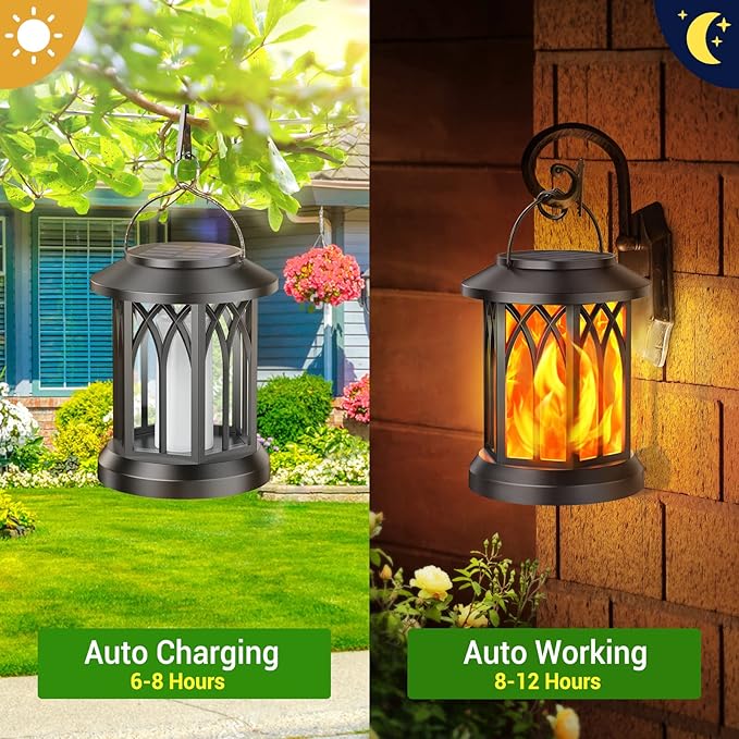 KOOPER 4 Pack Solar Lantern Outdoor Lights, Upgraded Flickering Flame Solar Lanterns Lights Outdoor Waterproof, Hanging Outdoor Solar Lanterns Lights, Solar Powered Lanterns for Yard Garden Decor