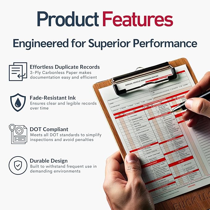 100 Pack 3-Ply Carbonless Annual Vehicle Inspection Report Forms with FMCSA 2-Ply Mylar Laminate Adhesive Vinyl Labels, DOT Inspection Forms and Stickers, Shrink-Wrapped, 8.5" x 11.75" - Made in USA