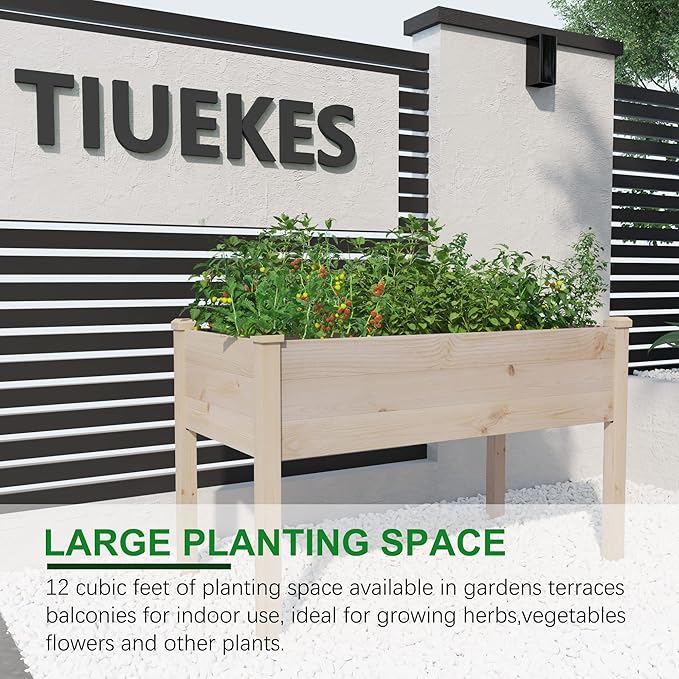 Raised Garden Bed 48.5x24.4x30 Inch, Elevated Wood Planter Box with Legs for Vegetable Flower Herb Outdoors Backyard, Patio, Balcony with Liner (Natural Wood)