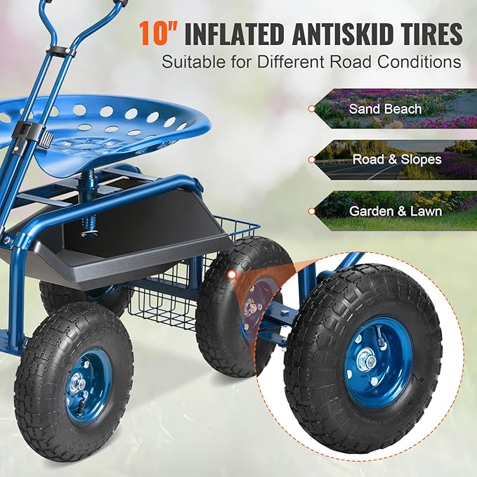 VEVOR Rolling Garden Work Seat with Wheels, Gardening Stool for Planting, 360 Degree Swivel Seat, Garden Scooter with Steering Handle & Tool Tray, Garden Chair for Outdoor, Patio and Yard, Blue