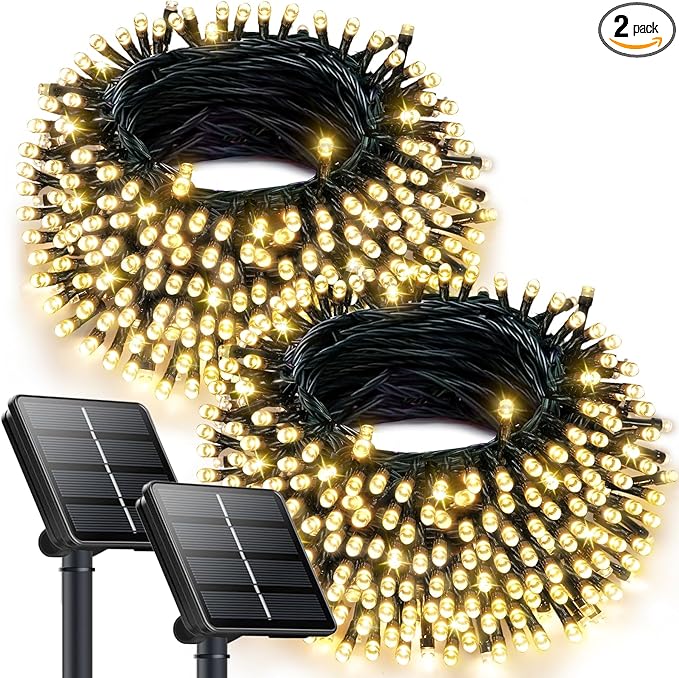 OZS 2PK 240LED 95FT Solar String Lights Outdoor Waterproof, Solar Christmas Light Auto On/Off, Green Wire Solar Tree Lights with 8 Lighting Modes for Party Garden Christmas Decorations (Warm White)