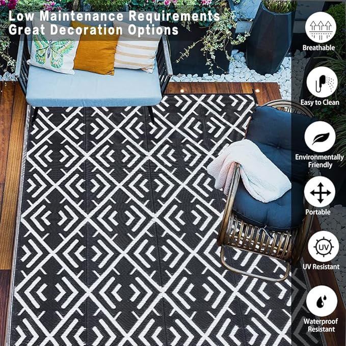 RV Outdoor Rug Waterproof Mat Outdoor Rugs 9'x12' for Patios Clearance Carpet Outdoor Camping Rugs Large Plastic Straw Rug(8x10ft Geometric Black&White)