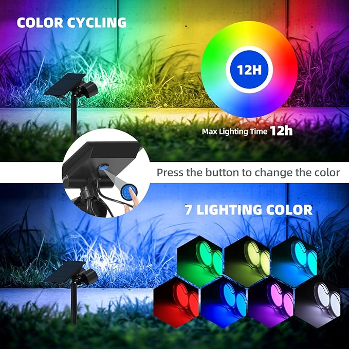 Barrina Solar Spot Lights Outdoor, 360° Horizontal Adjustable, 24 LEDs RGB Color Changing Solar Spotlight, IP65 Waterproof, Auto On/Off Solar Powered Landscape Lights for Outside Garden Yard, 2 Pack