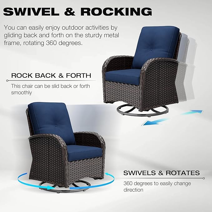 Joyside 9 Piece Patio Furniture Set, Outdoor Wicker Conversation Sets with Swivel Rocker Chairs and Sofa, Thick Cushion, Rattan Patio Sectional for Porch, Deck Use (Brown/Blue, 9 PCS)
