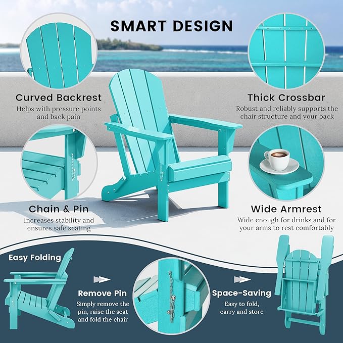 Westin Outdoors Laguna WO Outdoor Adirondack Folding Patio Chairs 8 PCS Set Retro Beach Aesthetic for Backyard, Lawn, Patio, Deck, Garden, Weather Resistant Polyethylene Plastic Lounger (Turquoise)