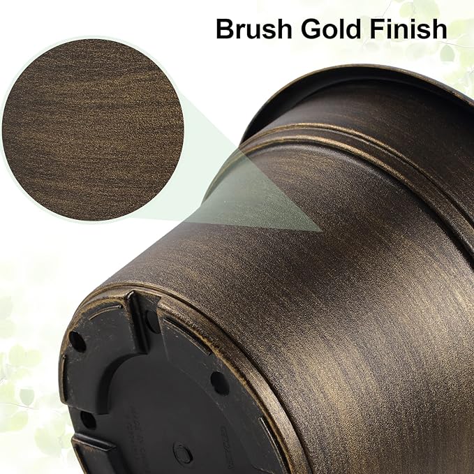 Plant Planters Pots Set of 4 Pack 9 Inch, Plastic Flower Pot for Indoor Plants with Drainage Holes & Trays, Resin Decorative Container Sets with Saucer for House Outdoor Garden Planters Dark Gold
