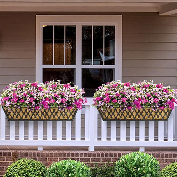 2 Pack 24 Inch Window Boxes Planters Railing Planter Box with Adjustable Brackets for Porch Fence Patio Balcony Hanging Flower Baskets with Coco Liners for Outdoor Garden Décor - Black