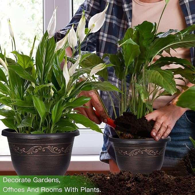 Plastic-Plant-Flower-Planters-12 Inch with Drainage Hole & Saucer, 3 Packs Lightweight Small Resin Flower Pot Indoor Outdoor, Retro Antique Imitation Decorative Garden Containers Sets for Houseplants