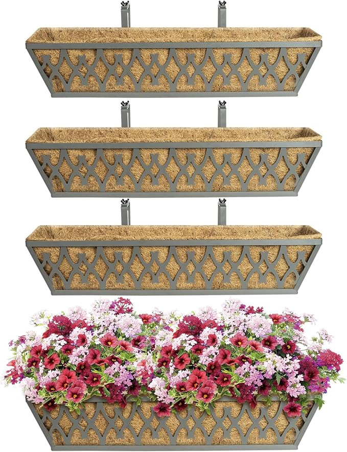 4 Pack 24 Inch Window Boxes Planters Railing Planter Box with Adjustable Brackets for Porch Fence Patio Balcony Hanging Flower Baskets with Coco Liners for Outdoor Garden Decor - Grey