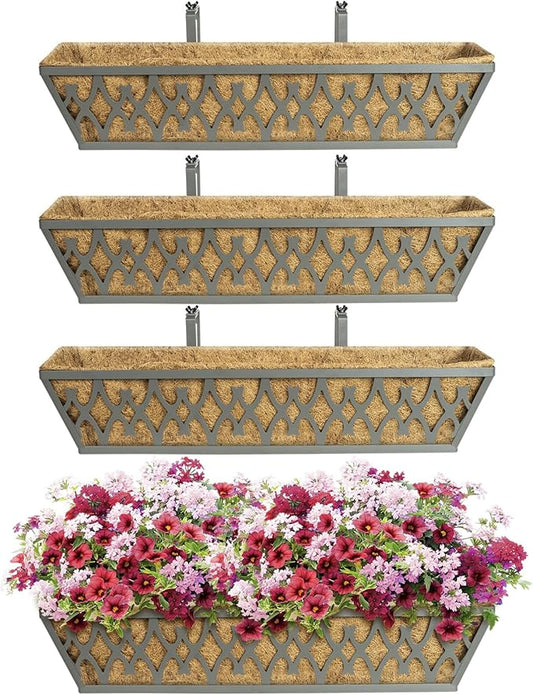 4 Pack 24 Inch Window Boxes Planters Railing Planter Box with Adjustable Brackets for Porch Fence Patio Balcony Hanging Flower Baskets with Coco Liners for Outdoor Garden Decor - Grey