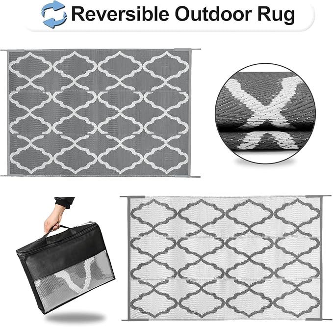 OutdoorLines Outdoor Plastic Area Rugs for Patio 6x9 ft - Reversible Outside Carpet, Stain & UV Resistant RV Mats, Straw Rug for Camping, Deck Garden, Porch and Balcony, Moroccan Grey & Light Grey