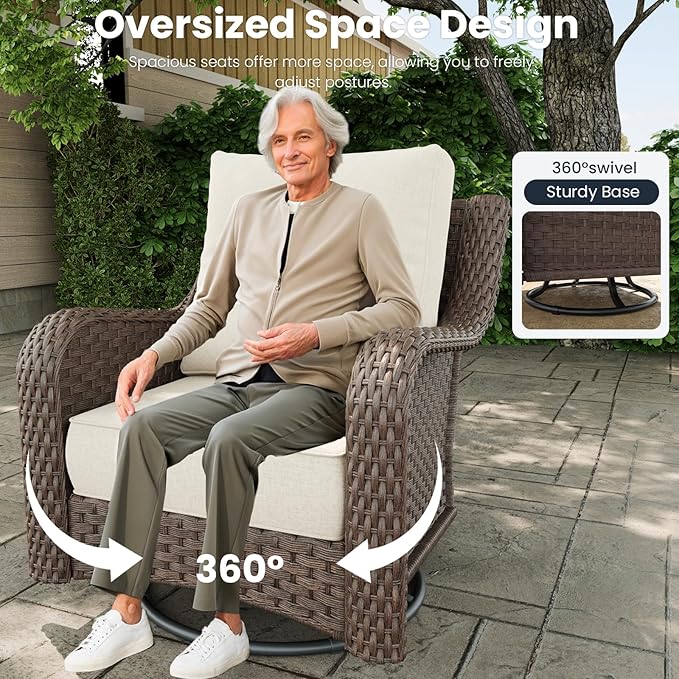 7 Pieces Outdoor Patio Furniture Sets with Rocking Swivel Chairs with 6-inch Thick Cushion and Side Table for Deck Lawn