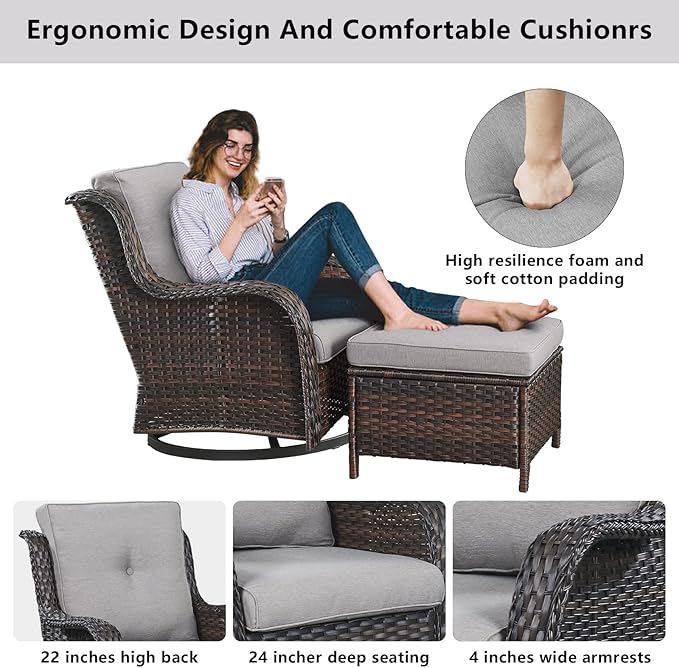 Wicker Patio Furniture Sets - 13 Piece Outdoor Rattan Furniture Conversation Sets with 4 Swivel Rocker Chairs, 2 Rattan Sofas, Wicker Ottomans and Coffee Table, Brown/Grey