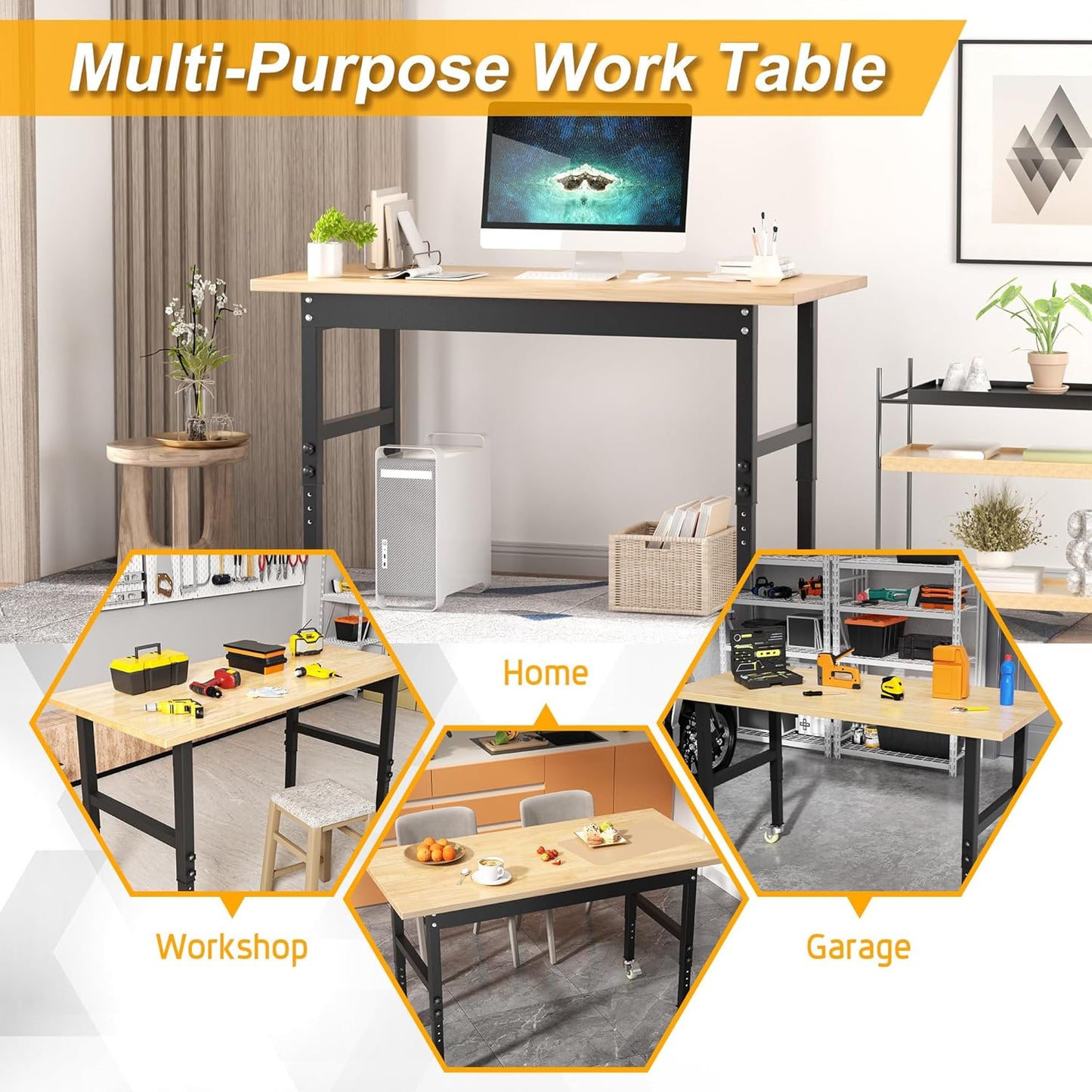 48’’ Work Bench Adjustable Workbench Heavy Duty Work Table with Wheels, 2000 Lbs Capacity Hardwood Work Benches for Garage, Workshop, Office, Home