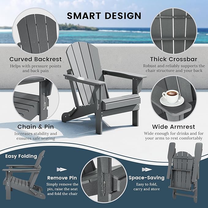 Westin Outdoors Laguna WO Home Furniture Adirondack Chair 4 PC Set Classic Outdoor Patio Folding Chair for Bon Fire Pit Lawn Backyard Beach Plastic Weather-Resistant (Gray)