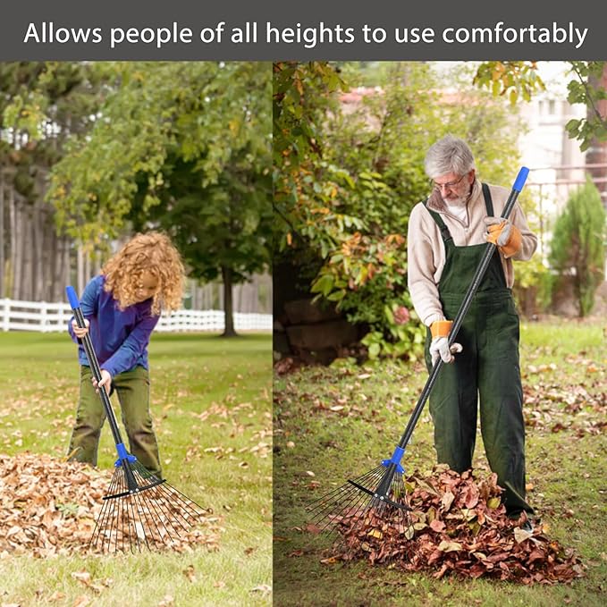Rake for Leaves, 5ft Adjustable Metal Garden Leaf Rake with Expandable Head 7-16", Small Cllapsible Rakes for Lawns Gardening Camping Heavy Duty