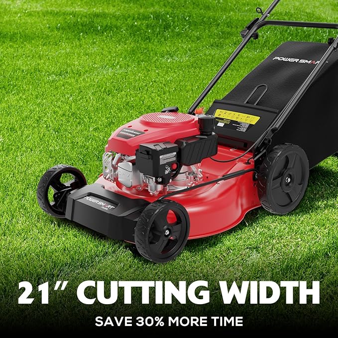 PowerSmart 21-Inch 144cc Gas Push Lawn Mower & 16-Inch 25.4cc String Trimmer/Edger with 10-Inch Brush Cutter for Grass Cutting