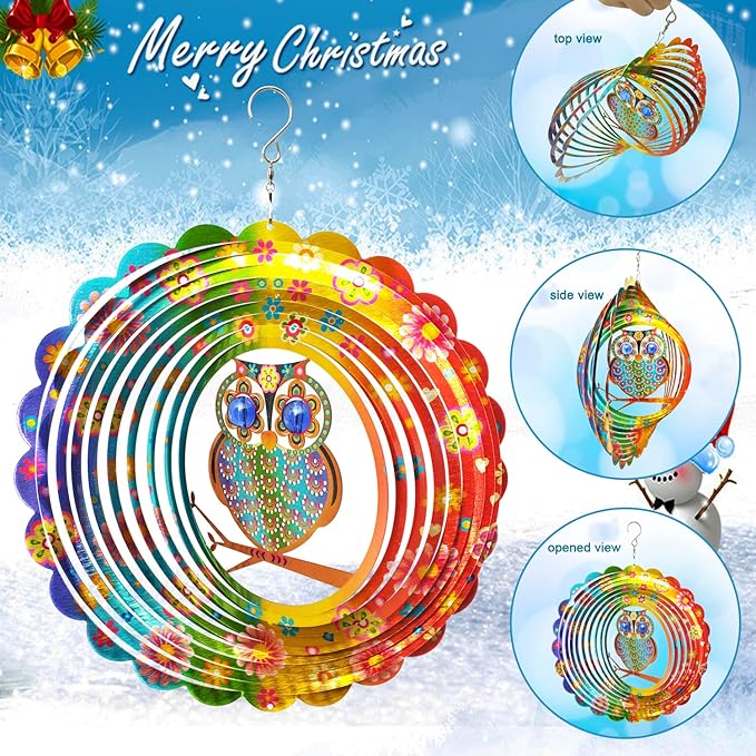 FONMY Wind Spinner Mandala Owl 12 inch 3D Stainless Steel Laser Cut Metal Art Geometric Pattern Hanging Wind Spinner, Kinetic Yard Art Decorations - Indoor/Outdoor Décor