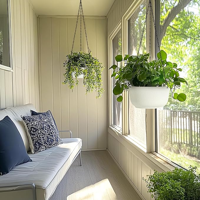 T4U 10 Inch Hanging Planters for Indoor Outdoor Plants, 2 Pack White Self Watering Hanging Plant Pot, Hanging Pots Set with Drainage Hole & Plug & Chain with 3 Hooks for Garden Home Decor