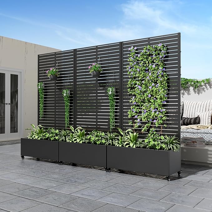 Casaphoria Metal Raised Garden Bed with Trellis and Wheels, 72"x35"x16" Planter Box for Climbing Plants, Vegetables & Vines, Features Drainage Holes and Privacy Screen (Black-Louvered)