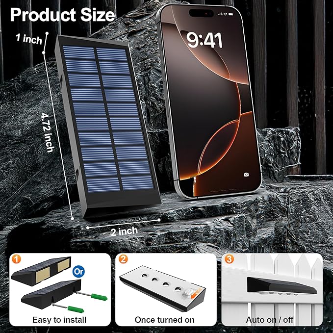 Solar Fence Lights Outdoor Waterproof IP65, 8 Pack Fence Lights Solar Powered 60 Lumens Auto On/Off Step Wall Lights Outside Decorations for Yard, Porch, Patio, Stairs, Pool, Deck, Garden-White Light