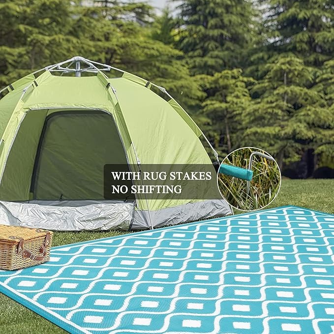 Pauwer Waterproof Outdoor Rug 8x10, Reversible Plastic Straw Patio Camping Rug, Indoor Outdoor RV Mat Carpet for Deck, Camper, Porch, Balcony, Backyard, Picnic, Geometric Teal