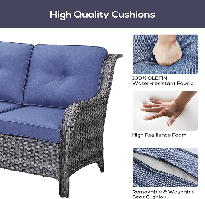 Outdoor Patio Furniture Set with Propane Fire Pit Table, 7 Pieces Wicker Patio Conversation Set with 2 Swivel Glider Rocker Chairs Rattan Sofa Blue Cushion Perfect for Casual Gathering Gray