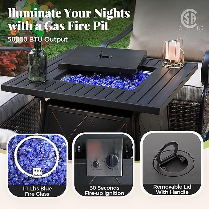 Patio Furniture Set with Fire Pit Table, 5 Pcs Metal Outdoor Conversation Set, 4 Single Chairs with 5.75" Extra Thick Cushion and 28" Fire Pit Table for Backyard Deck, Blue