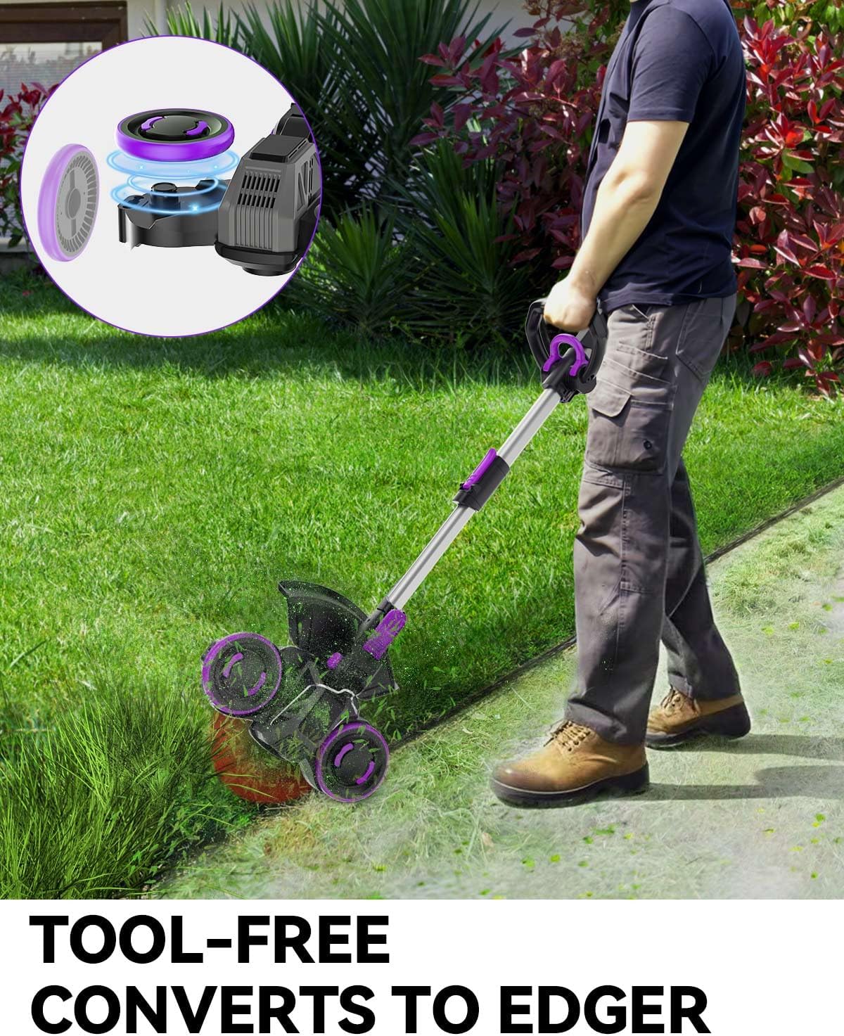 Weed Wacker Cordless, GearBrushless™, 3-in-1 Edger/Mower/Trimmer with Blade, 20V Battery Powered, 60 Min Runtime (with One Battery)