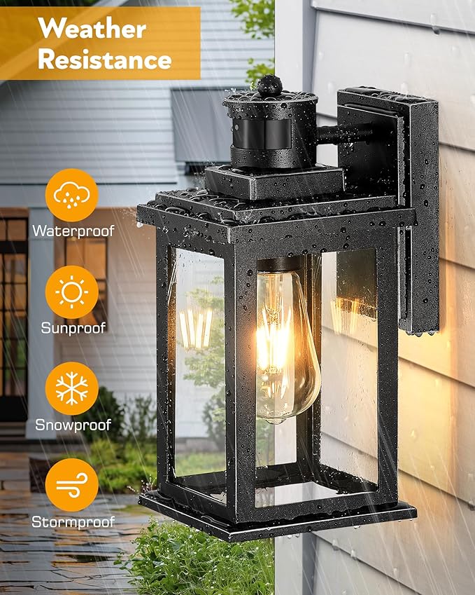 VIANIS Outdoor Motion Sensor Light, Black Exterior Lighting Fixtures Sconce, Dusk to Dawn Outdoor Lighting, Waterproof Front Porch Light for Garage, Patio, Doorway, Anti-Rust, Hardwired, Non-Solar