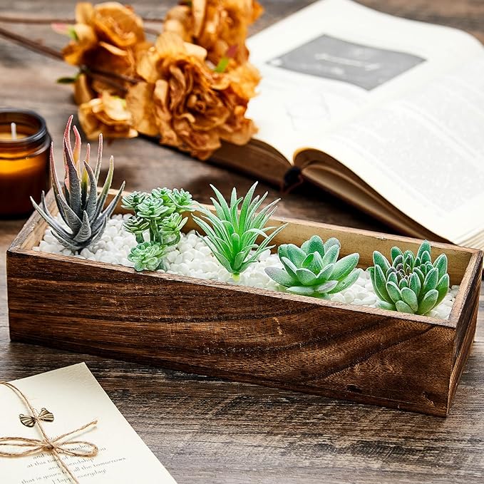 Dandat 2 Set Wood Boxes for Centerpieces Rectangle Wooden Planter Box Rustic Wood Planter with Removable Plastic Liner Floral Foam Blocks for Centerpieces Home Wedding Garden Decor (12x4 Inch)