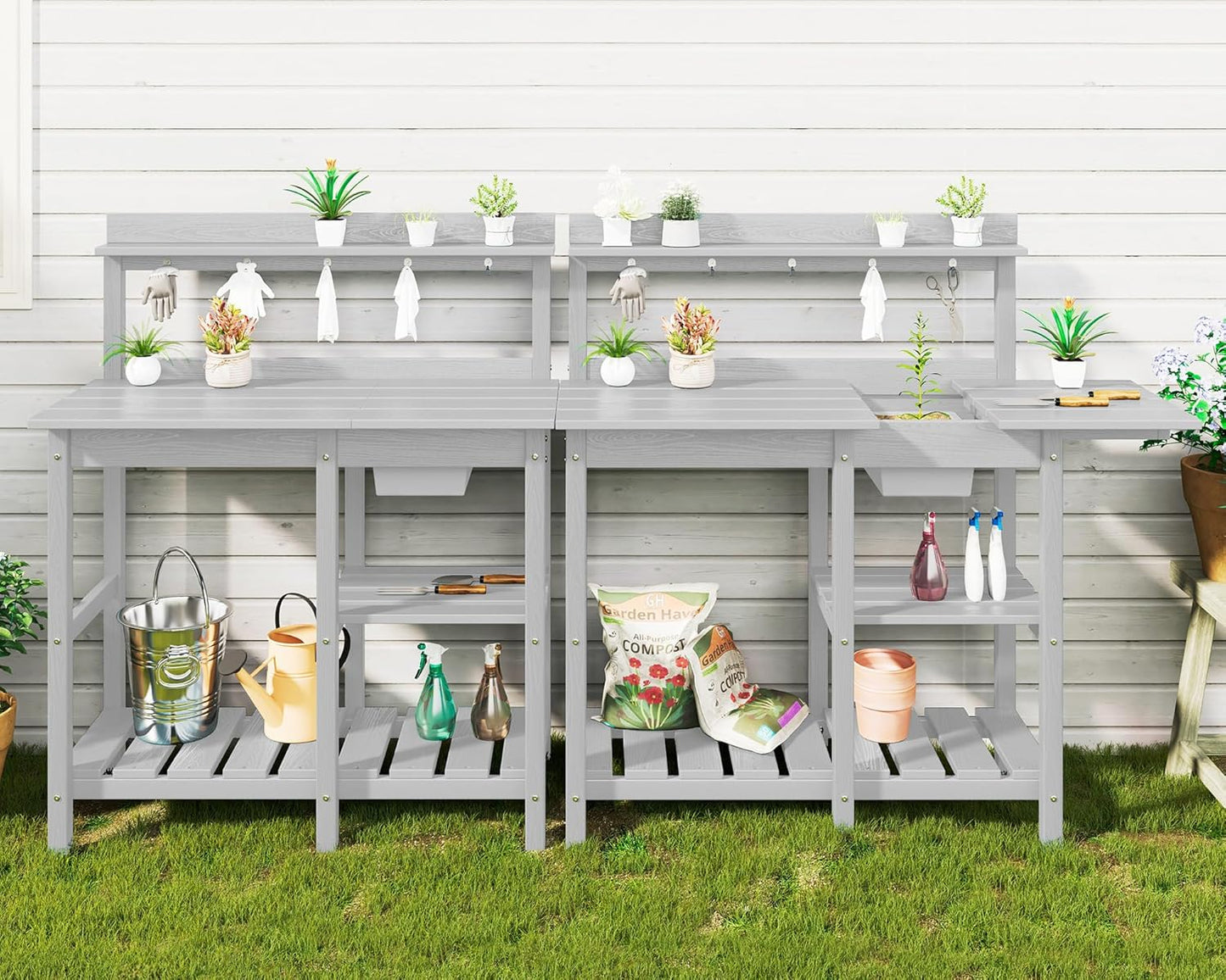 SERWALL Potting Bench Set of 2 Outdoor Potting Table with Sink, HDPE Potting Benches for Outside Gardening Table All Weather Use- Spanish Gray