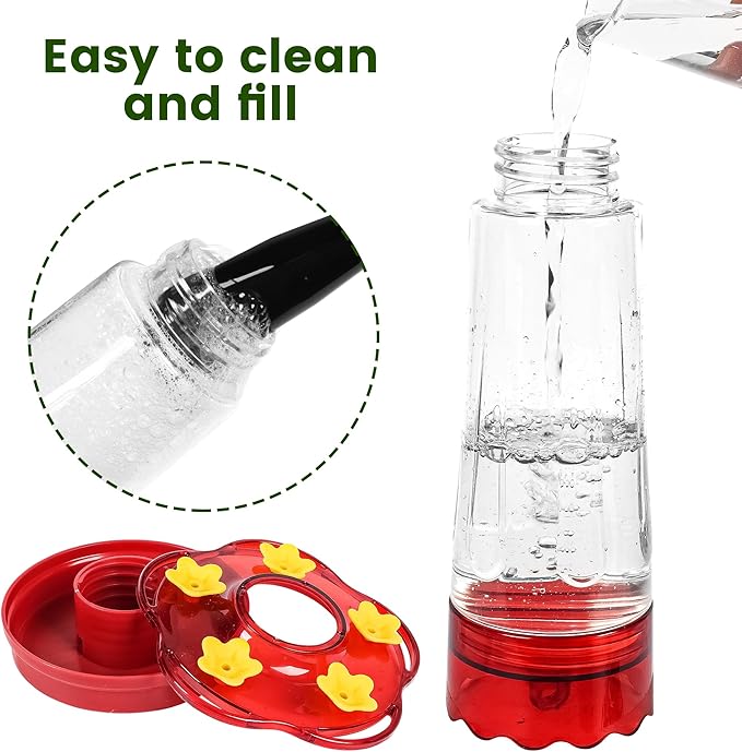 Glass Hummingbird Feeders for Outdoors Hanging Ant and Bee Proof, 1 Pack 15 Ounces Red Hummingbird Feeder with 5 Feeding Ports and Perches, Built-in Ant Moat, Outside Garden Décor (Glass, 1)