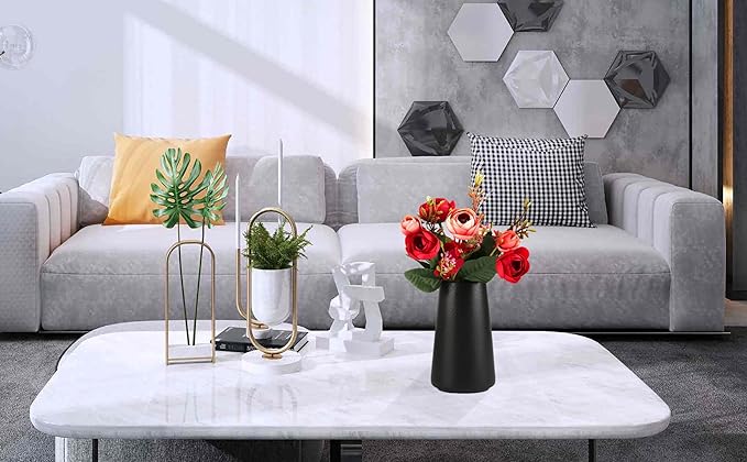 Simple Vase for Flowers Plants, Matte Vases for Modern Table Shelf Home Decor Wedding Boho Decor, 6" H Frosted Elegant Ceramic Vase for Pampas Grass Fluffy Stem Bouquet Lavender Flowers (Black, 2)