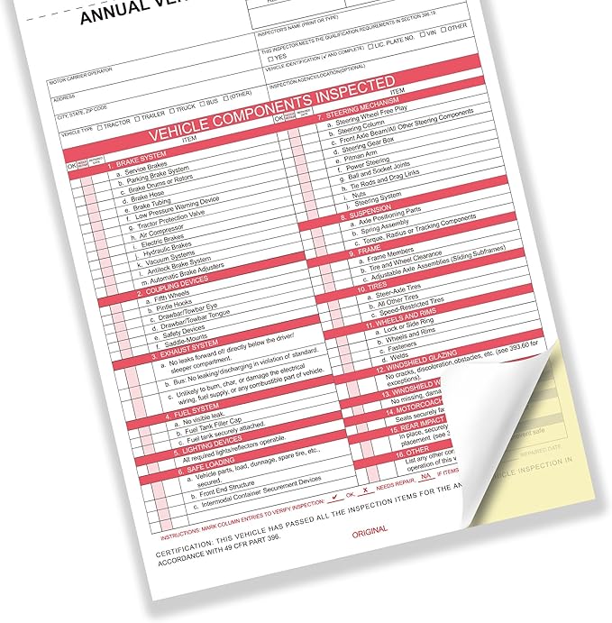 Annual Vehicle Inspection Report Form 5-pk 3-Ply Carbonless,8.5" x 11.75" + Label Aluminum,Permanent Adhesive 6" x 3.5"