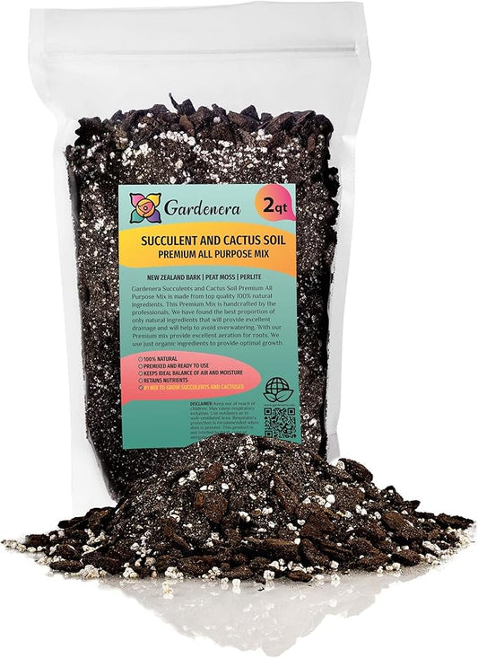Professional Succulent Soil Premium All Purpose Blend | Pre-Mixed Ready to Use for Cactus and Succulents | Sphagnum Peat Moss, Perlite, New Zealand Pine Bark - Made in USA - 2 Quart