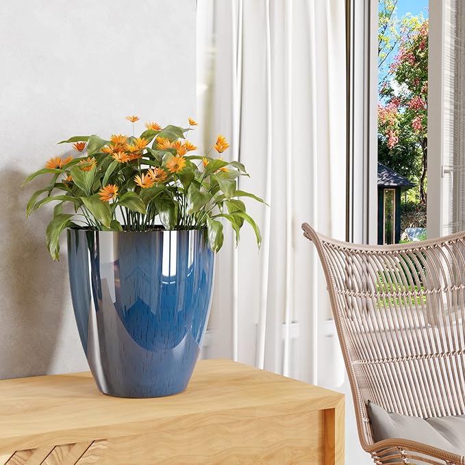 QCQHDU Plant Pots Set of 2 Pack,10 Inch Plant Pot for Indoor and Outdoor Plants with Drainage Hole,Flower Pots Modern Decorative Planter for Garden Plants (Blue)