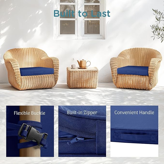 Codi Outdoor Chair Cushions Set of 2 19x19 Inch, Waterproof Seat Cushion for Patio Furniture with Handles & Adjustable Straps, Fade Resistant - Navy Blue