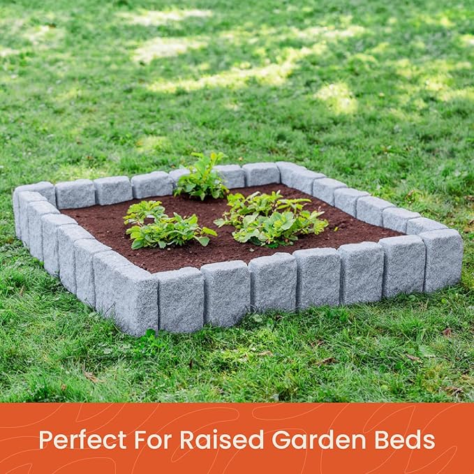 Beuta Landscape Edging | Garden Edging Border | Faux Stone Block XL for Lawn Edging, Flower Beds & Yard Edging – 10 Pack | Each Section Has 6 Blocks 48" L x 4" W x 9.5" H | 30 Spikes | Greystone