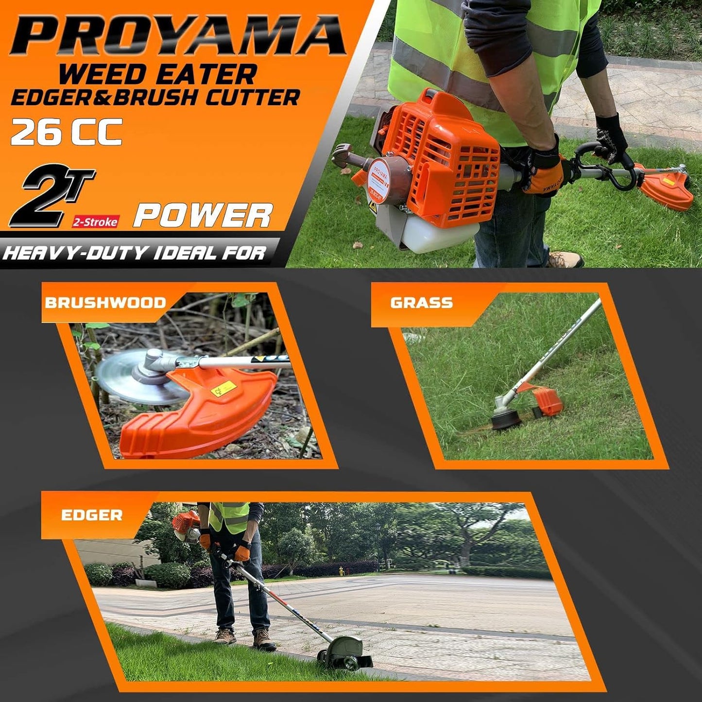 PROYAMA 26cc Weed Eater/Wacker Gas Powered, 2-Cycle Gas String Trimmer/Edger, 3 in 1 Brush Cutter with 17’’ Cutting Path, Grass Trimmer Light Weight