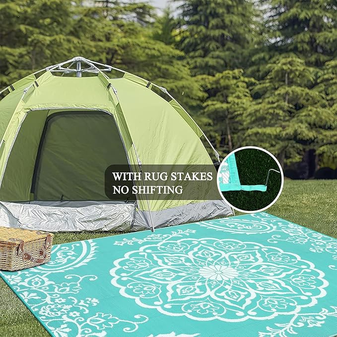 Pauwer Waterproof Outdoor Rug 6x9, Reversible Plastic Straw Patio Camping Rug, Indoor Outdoor RV Mat Carpet for Deck, Camper, Porch, Balcony, Backyard, Picnic, Boho Light Blue