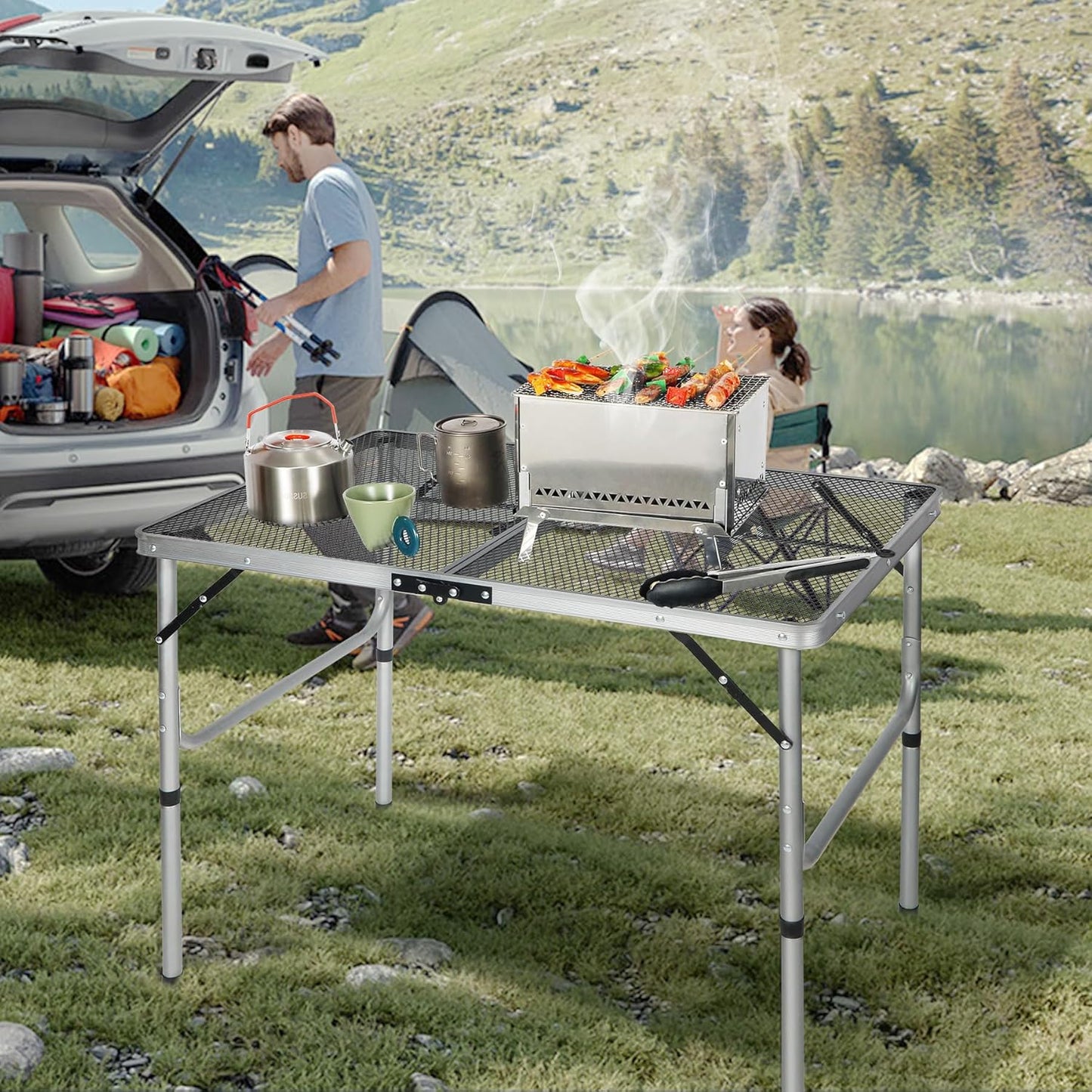 RedSwing Portable Grill Table for Outside, Aluminum Folding Grill Stand Table for Outdoor Camping Picnic BBQ, Lightweight Adjustable Height, 36"x24"x15"/28" Sliver