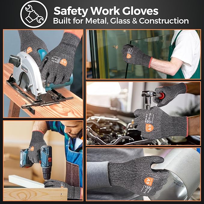 Donfri 3 Pairs A9 Cut Resistant Work Gloves for Men - Steel + HPPE Hybrid Safety Gloves for Men, ANSI Cut Level 9 Protection Flexible for Metal Glass Wood Construction Fishing