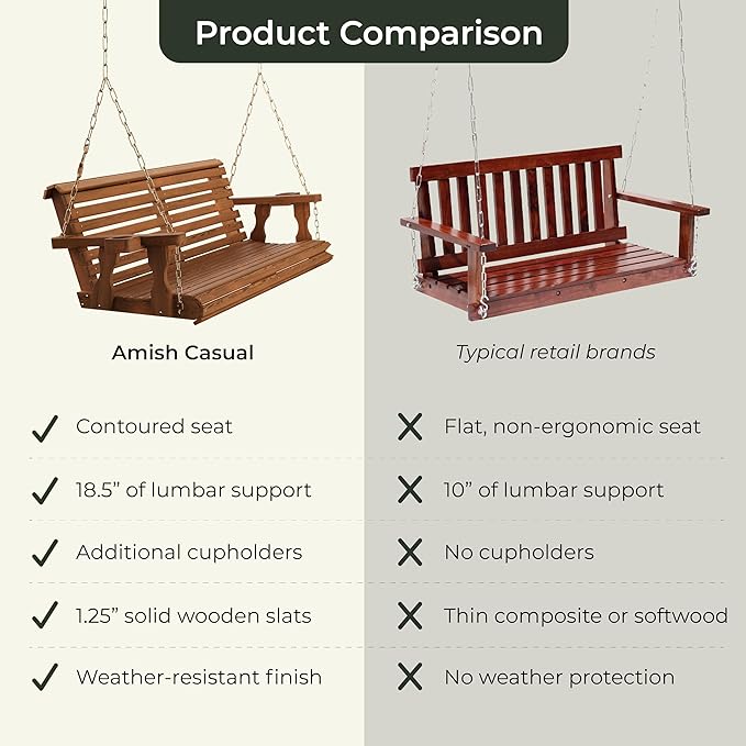 Amish Casual 3 Foot Roll Back Porch Swing with Cup Holders in Cedar Stain - Amish Made in The USA from Treated Pine Heavy Duty 700 Lb. Weight Capacity