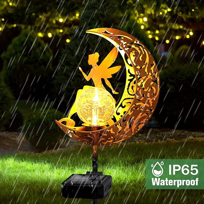 ZNYCYE Fairy Garden Lights,Decorative Solar Stake Crackle Glass Globe with Moon Fairy Decor, Pathway Stake Lights Waterproof for Walkway, Yard, Lawn, Patio or Courtyard (2 Pack)