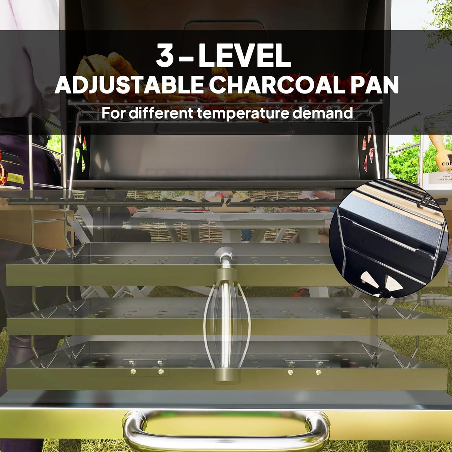 Outsunny Charcoal BBQ Grill with 245 sq. in. Cooking Area, Outdoor Barbecue Grill with Adjustable Charcoal Pan, 3 Shelves, Thermometer, Wheels for Patio, Backyard, Party, Picnic, Black