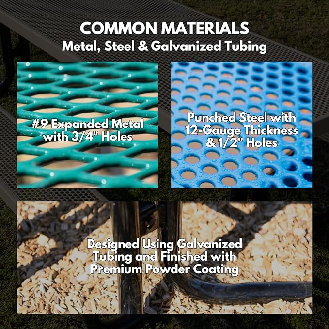 Coated Outdoor Furniture Heavy-Duty Portable ADA-Compliant Outdoor Picnic Table, Expanded Metal Patio Dining Furniture Made in America (8ft Rectangular, One-Side Handicap, Light Blue)