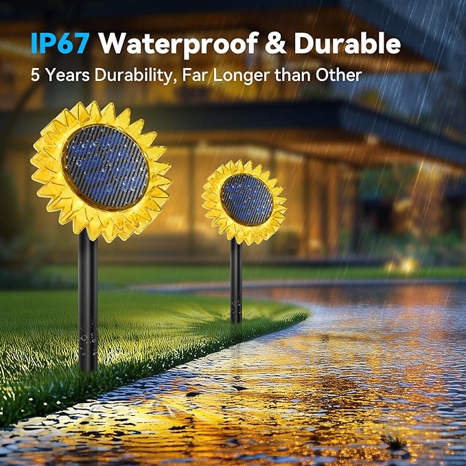 Solar Garden Lights - Upgraded Solar Sunflower Light, Ground/Wall 2 In 1, Solar Outdoor Lights Waterproof IP67,Garden Yard Patio Backyard Pathway Landscape Fence Wall Decoration, Warm White(4 Pack)