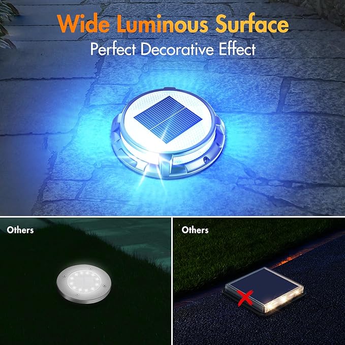 Quntis Solar Deck Lights Outdoor, 3 Color Modes Solar Driveway Lights IP68 Waterproof, Deck Light for Stair Pathway Walkway Pool Road (Blue/Cool White/Warm White) 2 Pack